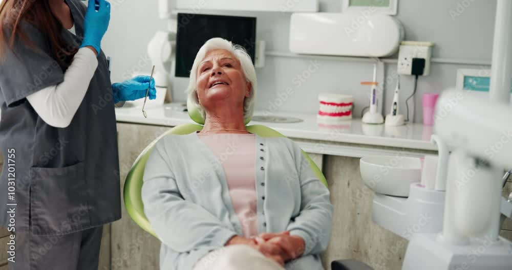 Dentist, talking and checkup for mature woman, consultation and healthcare for senior person and smile. Hospital, teeth and oral hygiene for grandma, medical appointment and treatment for toothache Dentist, talking and checkup for mature woman, consultation and healthcare for senior person and smile. Hospital, teeth and oral hygiene for grandma, medical appointment and treatment for toothache