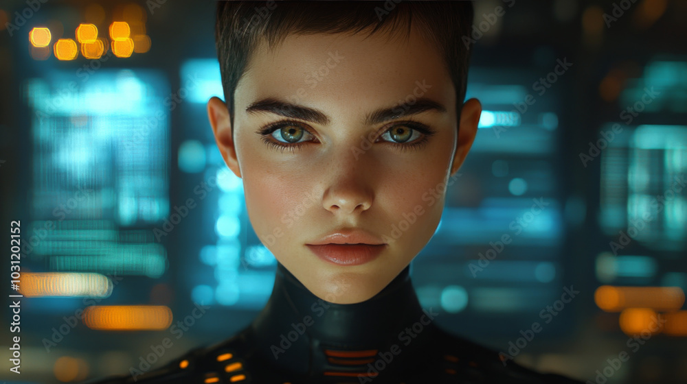 Close-up portrait of a young woman with short hair, staring intensely. Close-up portrait of a young woman with short hair, staring intensely.