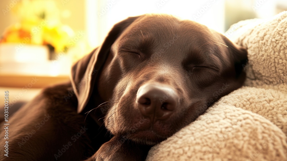 Chocolate Labrador peacefully sleeping on a cozy blanket in warm sunlight, AI