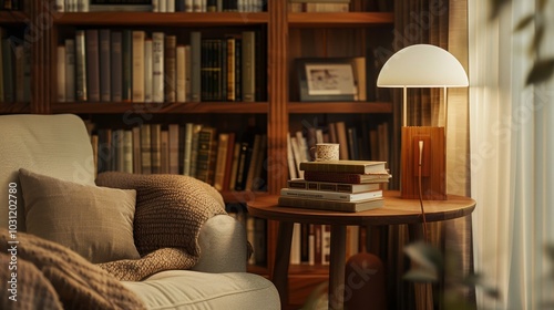 Cozy reading nook with a comfortable armchair, a side table, and a lamp illuminating a stack of books. Perfect for relaxing and enjoying a good read.