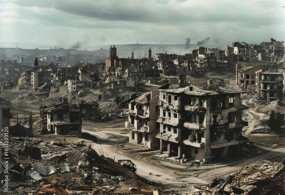 Eine zerstörte Stadt mit zahlreichen beschädigten Gebäuden. Verwüstung nach einem Krieg oder einer Katastrophe. Dokumentarfotografie Symbolbild für Nachrichten. Generative KI Eine zerstörte Stadt mit zahlreichen beschädigten Gebäuden. Verwüstung nach einem Krieg oder einer Katastrophe. Dokumentarfotografie Symbolbild für Nachrichten. Generative KI