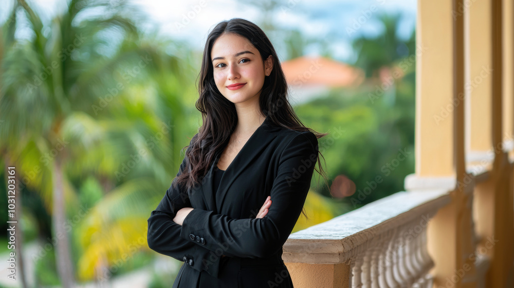 Confident woman in black suit standing outdoors with palms Confident woman in black suit standing outdoors with palms