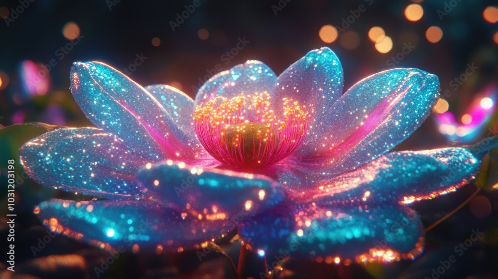 Fototapeta premium A close-up of a glowing, iridescent water lily with bokeh lights in the background.