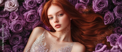 stunning portrait of beautiful redhead girl, gently laying among vibrant purple roses, radiating elegance and charm in serene floral setting.