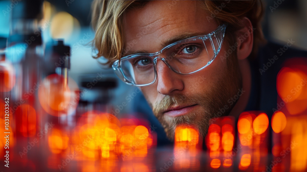 A man in safety glasses looks intensely at his work in a laboratory setting. A man in safety glasses looks intensely at his work in a laboratory setting.