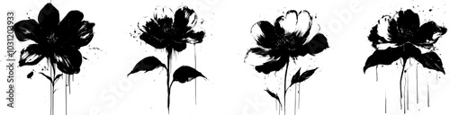 Ink painting of black ink splatters depicting a flower, brush strokes, high contrast, strong visual impact, dark and mysterious atmosphere, ink dripping technique, abstract style, elegant floral