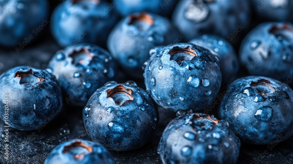Close-up of fresh blueberries with water droplets.