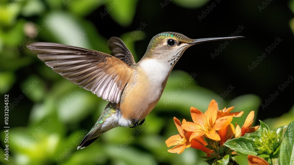 Fototapeta premium A hummingbird hovering near vibrant orange flowers.