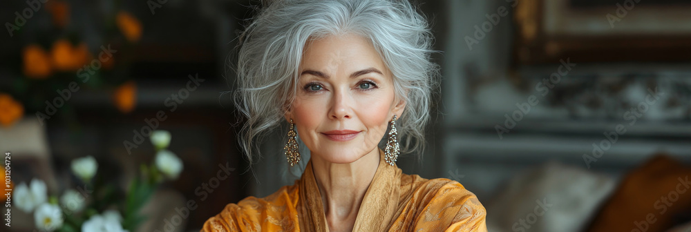 A mature woman with silver hair and a warm smile poses for a portrait, wearing a silky gold top. A mature woman with silver hair and a warm smile poses for a portrait, wearing a silky gold top.