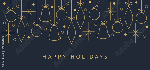 Happy New Year and Merry Christmas holiday cards. Universal artistic templates. Minimalistic vector design with gift boxes, bells, snowflakes and Christmas tree decorations