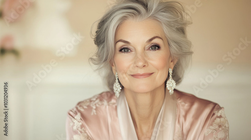 Elegant older woman with silver hair in a soft pink robe.