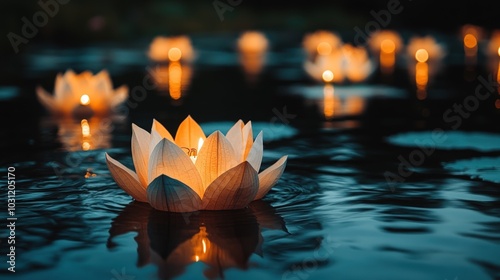 A group of white paper lanterns shaped like lotus flowers, floating on a dark still water surface with soft candlelight glowing inside. photo