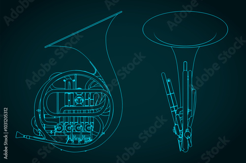 French horn blueprints illustration