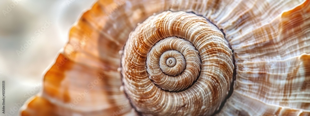 Intricate Seashell Spiral, showcasing detailed ridges and vibrant color variations in a captivating close-up view.