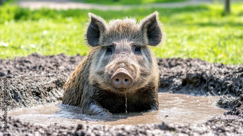 Happy Pig Enjoying a Mud Bath in Nature Happy Pig Enjoying a Mud Bath in Nature