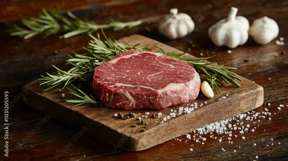 Fresh Raw Steak on Wooden Cutting Board with Herbs Fresh Raw Steak on Wooden Cutting Board with Herbs