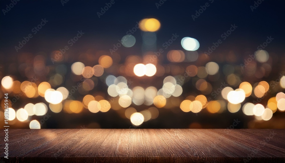 ウッドデッキの向こうに見える夜景が玉ボケした背景写真