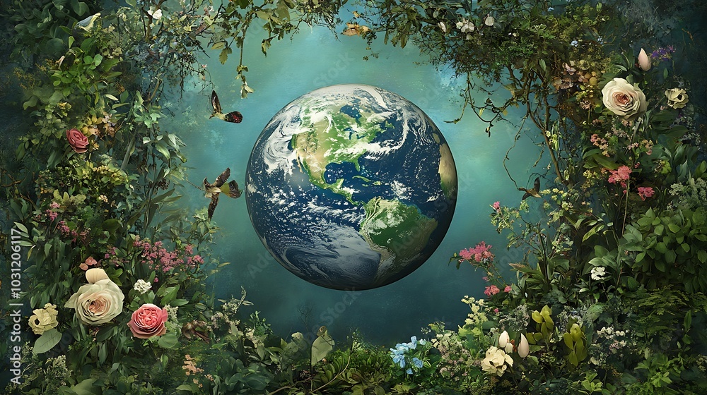 Earth surrounded by greenery and flowers, highlighting environmental conservation, sustainability, and the beauty of nature and wildlife on a clean background. Earth surrounded by greenery and flowers, highlighting environmental conservation, sustainability, and the beauty of nature and wildlife on a clean background.