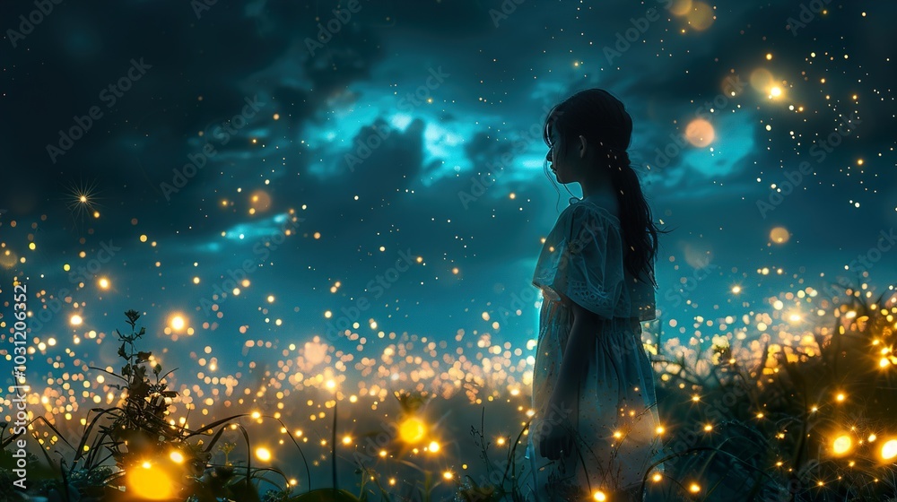 Silhouette of a Girl in a Field of Fireflies Silhouette of a Girl in a Field of Fireflies