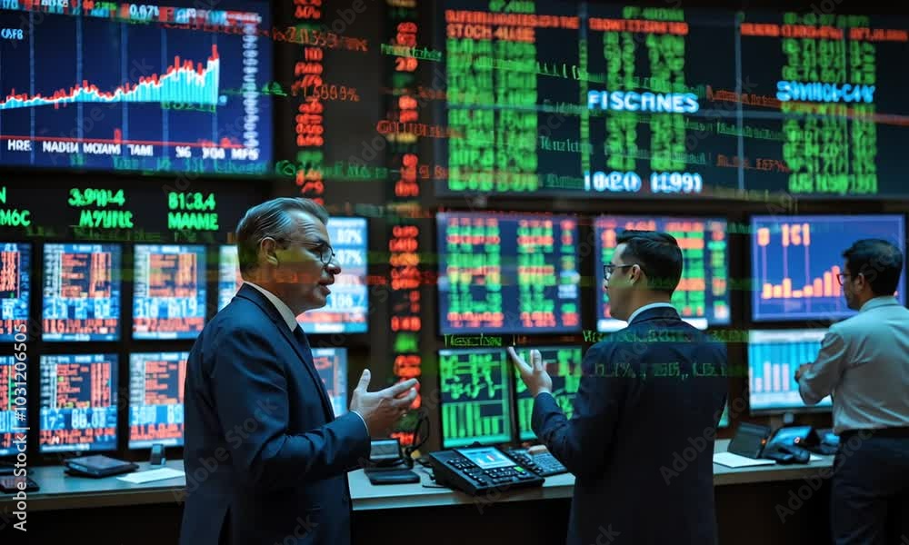 A busy stock exchange floor, with brokers shouting buy and sell orders A busy stock exchange floor, with brokers shouting buy and sell orders