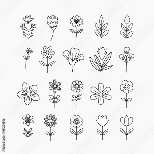 Simple flower line icon set. Tulip cherry blossom jasmine rose zinnia wild flower leave outline illustration design. Flower line illustration design.
