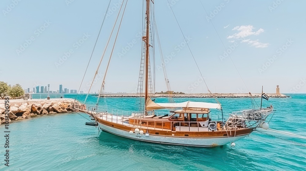 A Wooden Sailboat Moored in a Harbor with a City Skyline in the Background A Wooden Sailboat Moored in a Harbor with a City Skyline in the Background