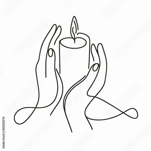 Line art of hands holding candle for memorial or remembrance design
