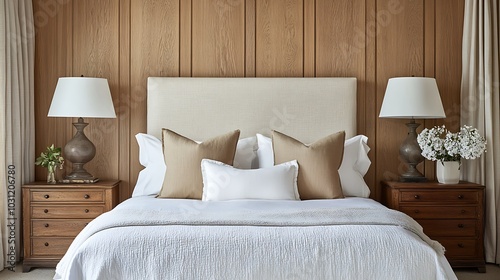 White Bed with Tan Pillows and Wooden Nightstands in a Room with Wood Paneling photo