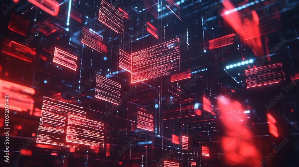 Obraz premium Floating digital documents in a futuristic data network, representing cloud storage, data processing, and cybersecurity.