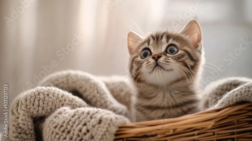 Curious Kitten in a Cozy Basket