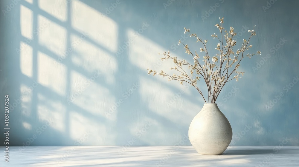 Elegant vase with branches against a soft blue wall Elegant vase with branches against a soft blue wall