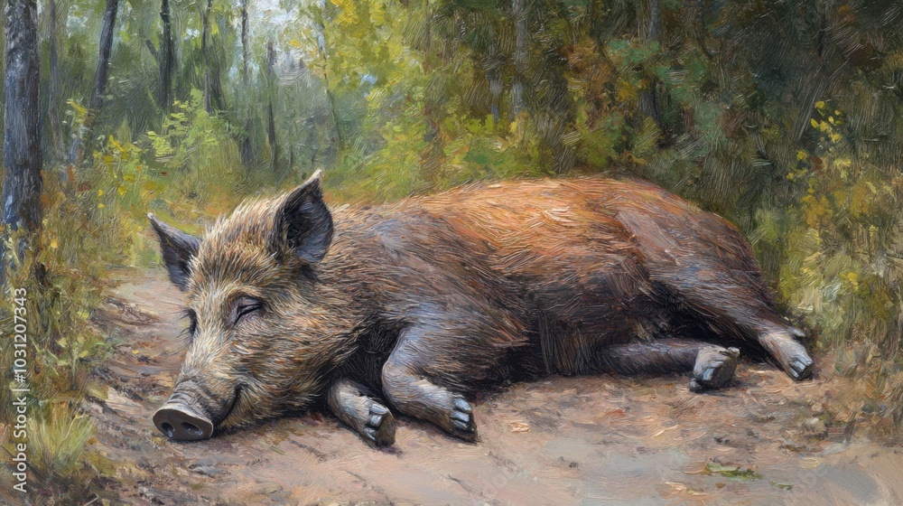 Resting Wild Boar in Serene Forest Environment Resting Wild Boar in Serene Forest Environment