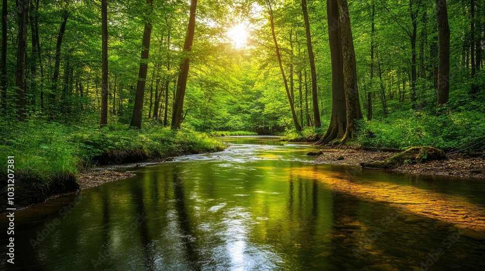 Tranquil Forest Stream with Sunlight Reflection Tranquil Forest Stream with Sunlight Reflection