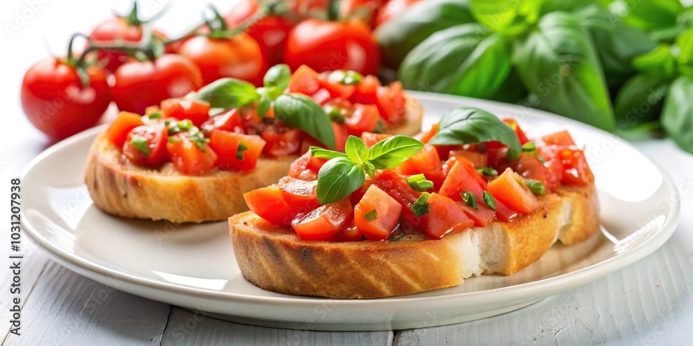 Italian bruschetta with chopped tomatoes, basil, olive oil, served on white plate Italian bruschetta with chopped tomatoes, basil, olive oil, served on white plate