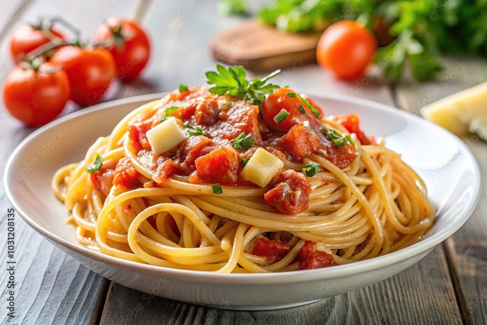 Italian pasta dish with bacon, tomatoes, and cheese viewed from below