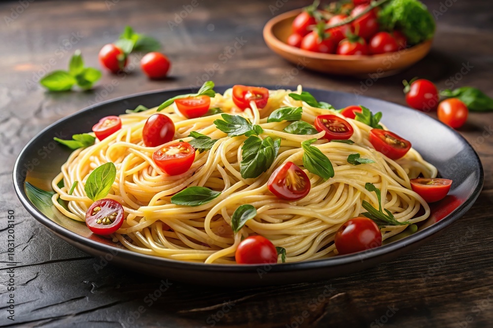 Italian pasta dish with cherry tomatoes and basil Italian pasta dish with cherry tomatoes and basil