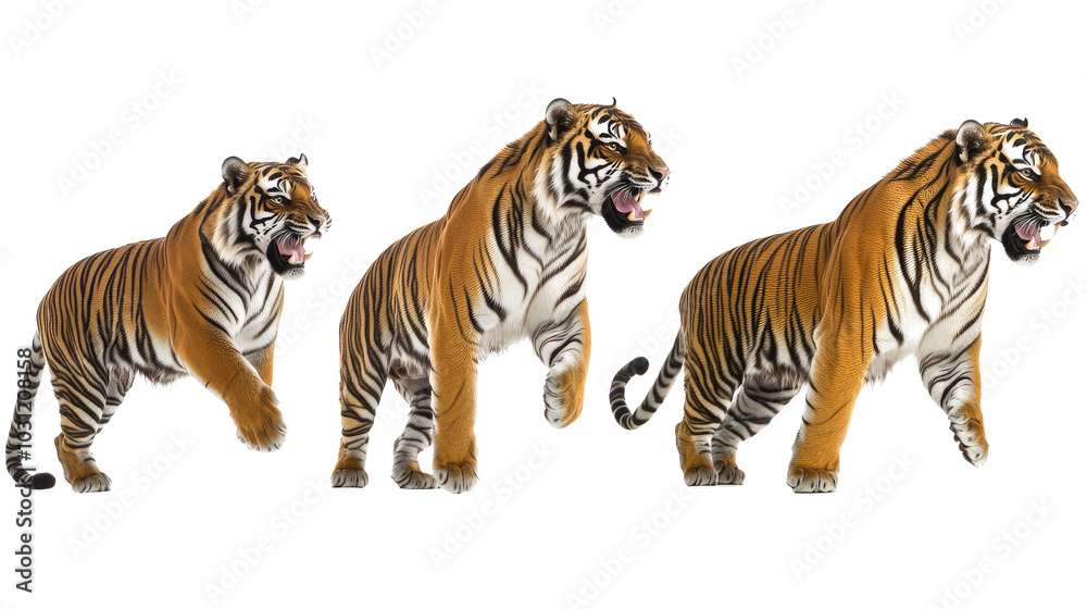 Obraz premium Roaring Tigers in Dynamic Poses Against a White Background Generative AI