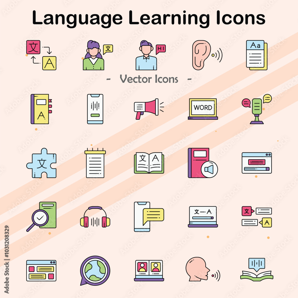Icons representing language learning and education. Icons representing language learning and education.