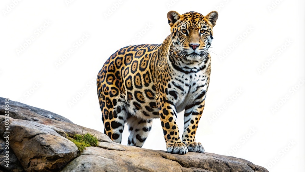 Naklejka premium Jaguar standing on rocks on white background