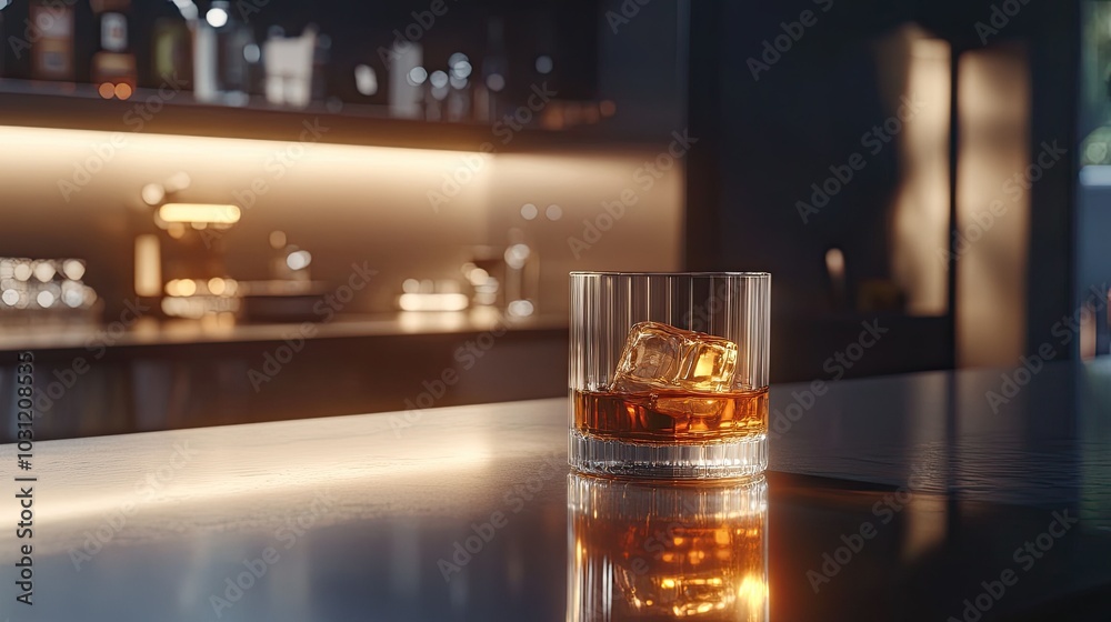 Elegant Whiskey Glass on Contemporary Bar Counter
