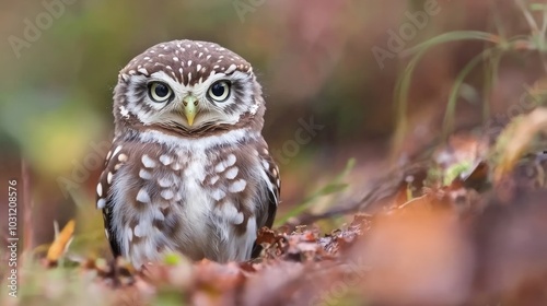 A small owl with brown and white feathers sits among fallen autumn leaves, looking directly at the camera.