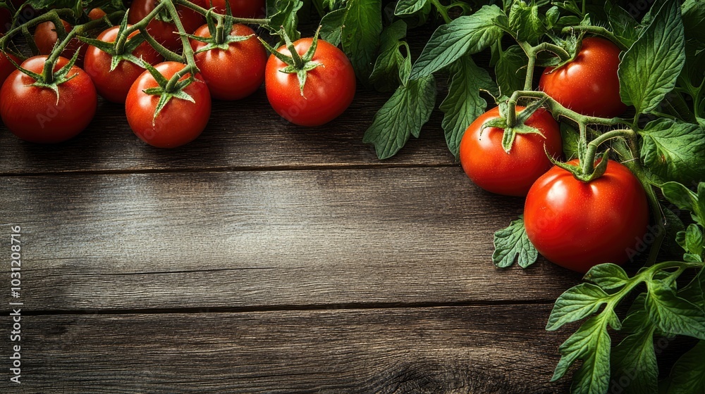 Fresh Ripe Tomatoes on Rustic Wooden Table with Green Leaves in Natural Light