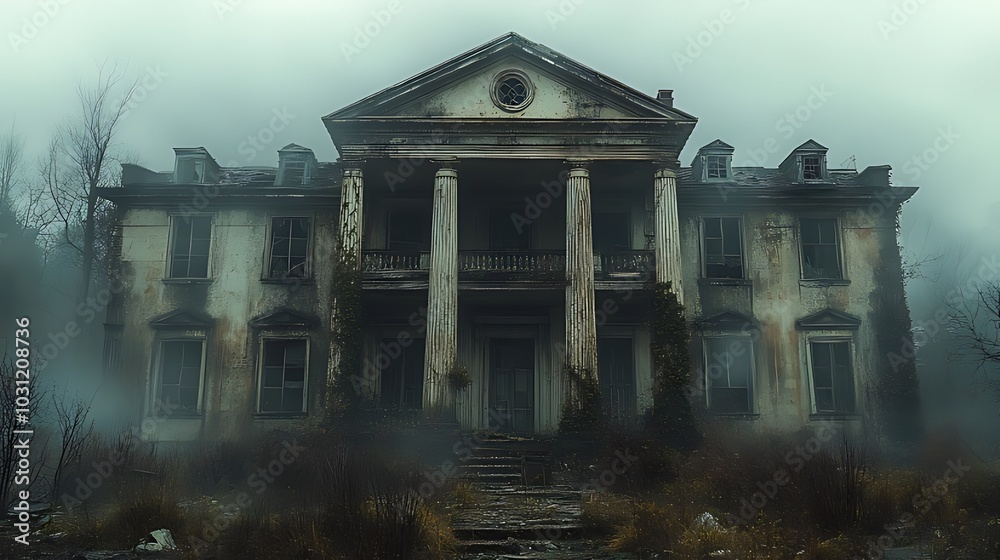 A dilapidated mansion shrouded in mist, with broken windows, overgrown vegetation, and an ominous air. A dilapidated mansion shrouded in mist, with broken windows, overgrown vegetation, and an ominous air.