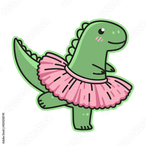 cute dinosaur wearing a tutu ballet skirt, ballet dancer, ballerina illustration sticker