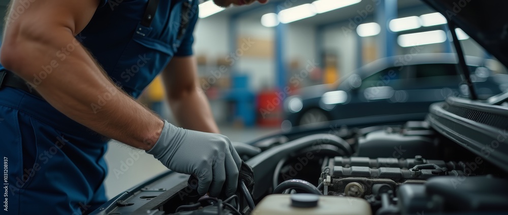 auto mechanic working in workshop, close up a car mechanic repairing car engine, service worker at the work auto mechanic working in workshop, close up a car mechanic repairing car engine, service worker at the work