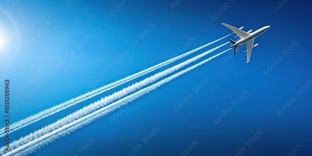 Jet airplane flying overhead in clear blue sky with condensation trail Jet airplane flying overhead in clear blue sky with condensation trail
