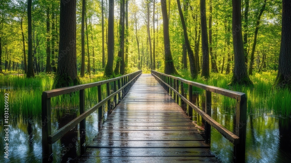 Scenic Wooden Bridge Through Lush Green Forest Scenic Wooden Bridge Through Lush Green Forest