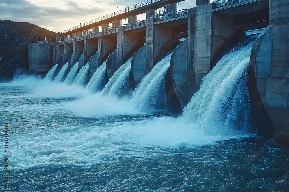 Water Flowing Over Dam Gates Realistic Image Water Flowing Over Dam Gates Realistic Image