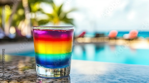 Colorful Rainbow Cocktail by the Poolside