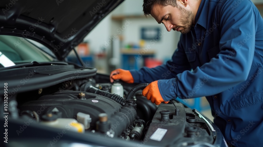 auto mechanic working in workshop, close up a car mechanic repairing car engine, service worker at the work auto mechanic working in workshop, close up a car mechanic repairing car engine, service worker at the work